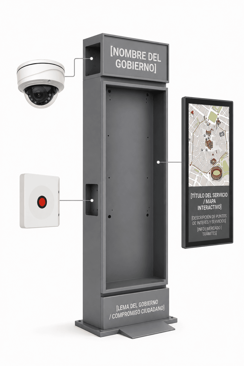 Faro Urbano — vista explosionada de componentes y tecnología integrada